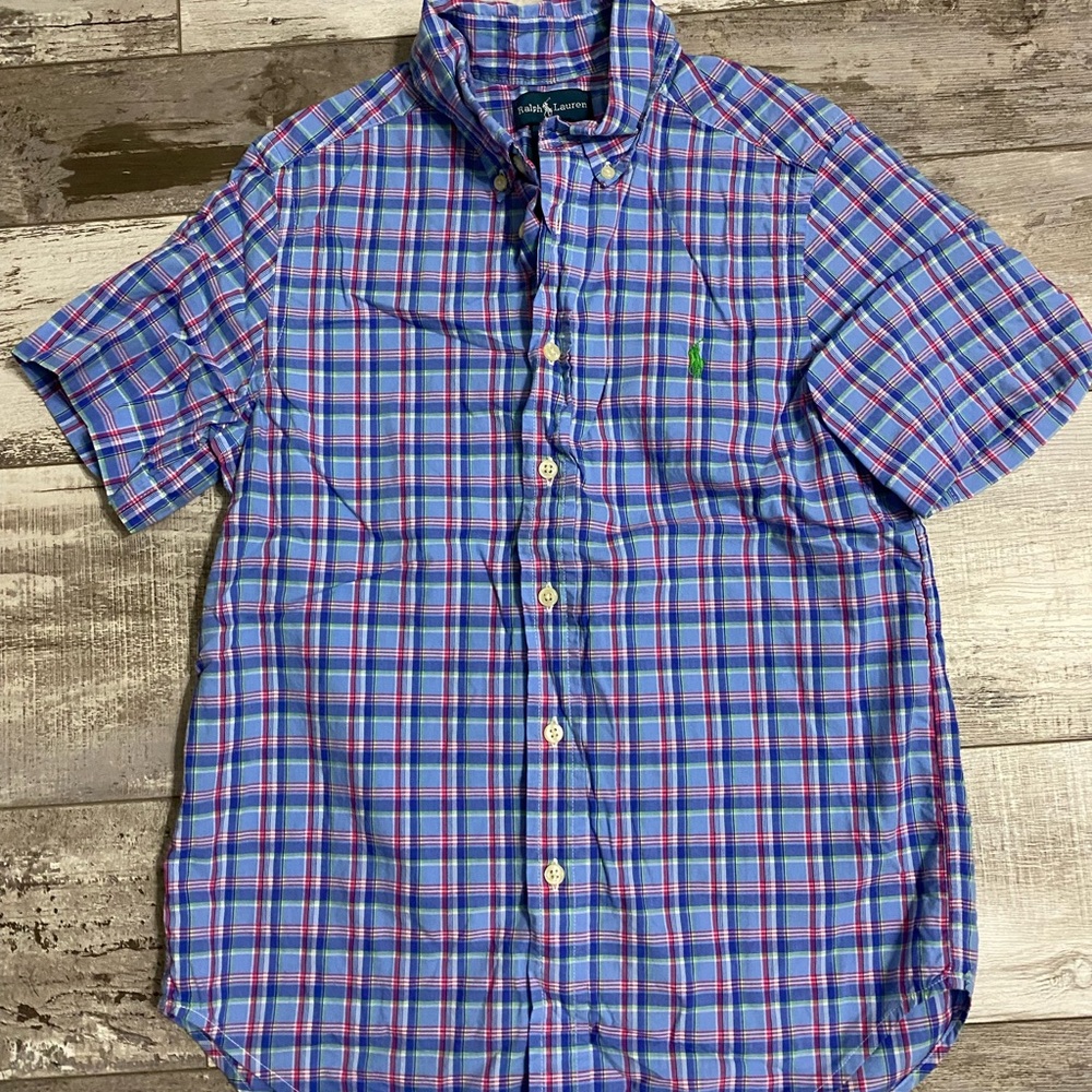 Polo button down boys short sleeve shirt size med 10/12 in excellent condition